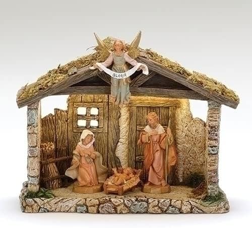 Fontanini by Roman – Belén iluminado por LED con juego de figuras de 4 piezas, escala de 5 pulgadas, incluye escena de la Sagrada Familia y el