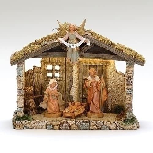 Fontanini by Roman – LED Lighted Nativity Stable with 4-Piece Figurine Set, 5