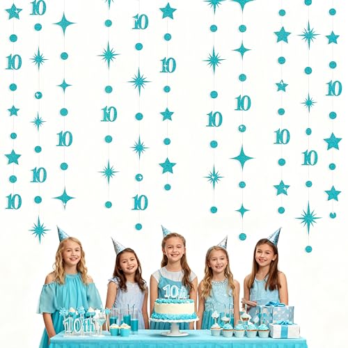Image of Teal Blue 10th Birthday Decorations Number 10 Circle Dot Star Garland Glitter Streamer Banner Backdrop for Girls Boys Double Digits Cheers to 10 Years Old Birthday 10th Anniversary Party Supplies
