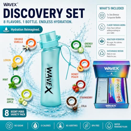 Image of Wavex Scented Water Bottle + 8 Aroma Scent Pods (Cola, Strawberry, Honey Peach, Energy Drink, Green Apple,Mint,Lemon,Orange Vanilla), Flip Top Lid, Straw & Carry Strap Included (Sea Breeze Turquoise)