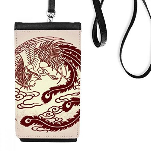 Sacoche téléphone cuir noir et porte-monnaie suspendu avec motif animal phénix