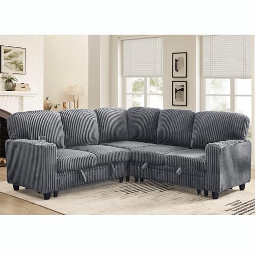 Image of KEIKI 81 inch L-Shaped Oversized Corduroy Modular Sectional Sleeper Sofa with Pull-Out Bed, Storage Seat, Modern 5-Seater Upholstered Couch Bed with Charging Station, Easy Assembly, for Living Room, Grey