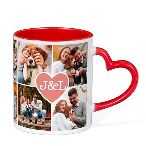 Made in Gift Taza de Cerámica de Color Rojo con Asa en Forma de Corazón Personalizada 33cl Collage Corazón de Color Rojo como Regalo Original para Parejas y Enamorados