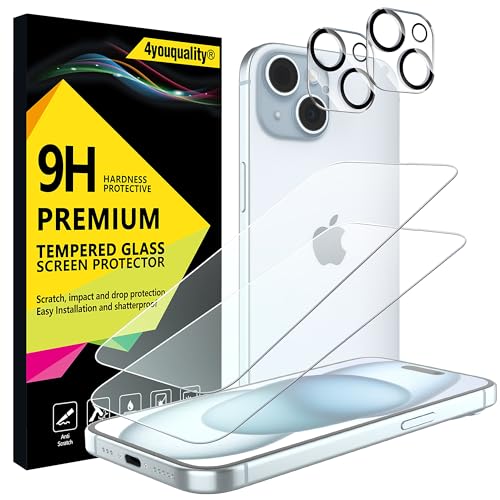4youquality [4-in-1 Screen Protector for iPhone 15 with Camera Lens Protector Tempered Glass Film 2-Pack Each [LifetimeSupport][Impact-Resistant][Anti-Scratch][Ultra-Transparent]