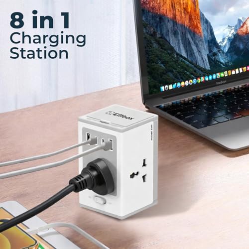 Image of Embox 8-in-1 Gan Charger 30W Fast Charger | Type C USB 4 AC Sockets (2500W) Fast Charging | Multi-Port Desktop Charger for Laptop, iPhone, Android, Portable Charging Station, 2 Meter