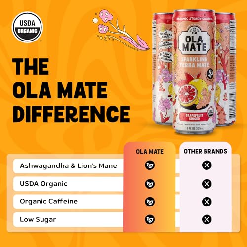 Image of Yerba Mate Energy Drink - Low Sugar Sparkling Tea Cans with Ashwagandha, Lion's Mane, USDA Organic Clean Energy Drink with 125mg Natural Caffeine, Ola Mate Grapefruit Ginger