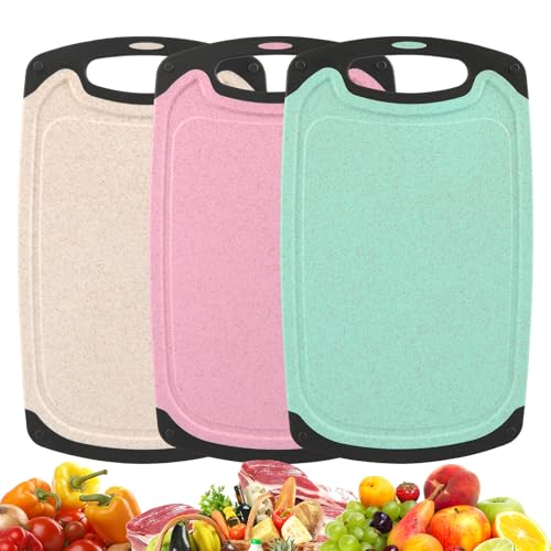 VIBINHO Juego de 3 Tablas de Cortar de Paja de Trigo, Antibacterianas con Surco para Jugos y Base Antideslizante, Ideal para Cocina y Regalo (Verde, Rosa, Beige)