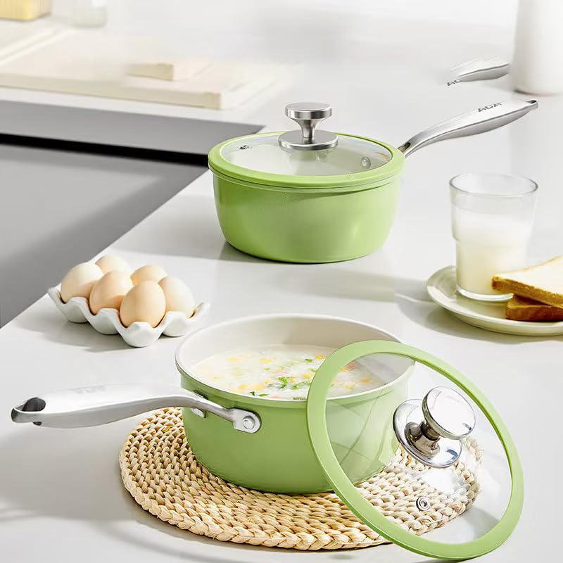 Image of Nonstick Ceramic Saucepan with lid, Small Cooking Pot with handle, Induction Comptable (Green, 2.5 Quarts)