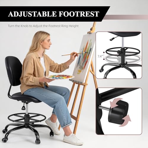 Image of Drafting Chair with Back Support, Tall /High Desk Rolling Stool with Footrest Ring, Faux Leather Office Chair with Height Adjustable for Standing Desk, Home Office, Bar, Workbench & Kitchen(Black)
