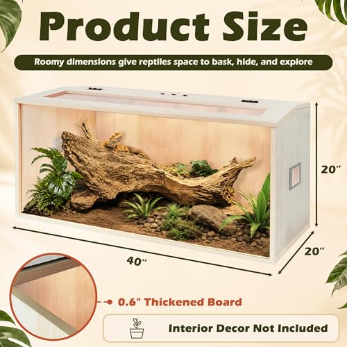 Image of PROLEE Bearded Dragon Tank,Wooden Reptile Tank and Lizard Tank,Tempered Glass Large Bearded Dragon Enclosure with Built-in Lamp Fixture (40X20X20inch,65 Gallons)