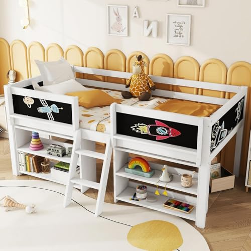 PUGSDRLY Lit Enfant 90x200cm,Lit mi Hauteur avec Clôture de Sécurité et étagères de Rangement,Cadre de lit avec Sommier à Lattes en Bois,sans Matelas...
