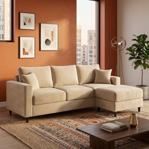 Image of FURNY Luxury Conva 3 Seater Sofa Set with Ottoman for Living Room |Soft Suede Fabric Upholstered | Modern Comfortable Couch for Home Office & Drawing Room | Cream