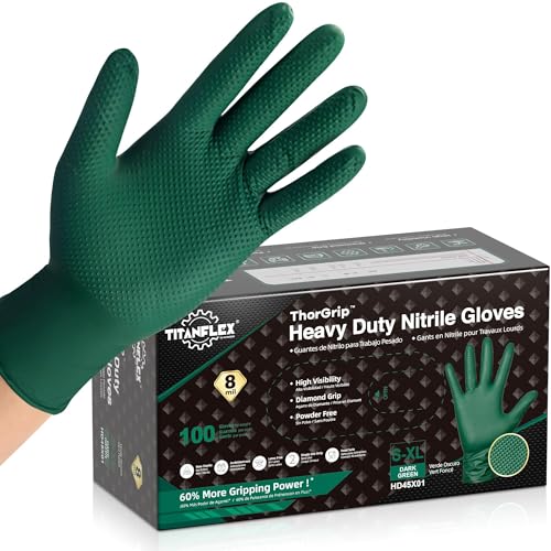 TitanFlex Heavy Duty 8 Mil Nitrile Gloves Dark Green Raised Diamond Grip Industrial Disposable Gloves for Mechanics Work Gloves Chemical Resistant Latex Free Powder Free 100-ct Box(Large)