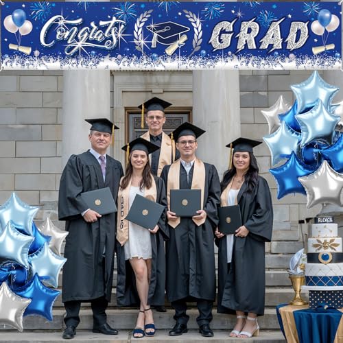 Image of Graduation Decorations, Graduation Banner 2026, Blue and Silver Banner, Large Class of 2026 Party Decoration, Congrats Grad Backdrop Yard Sign for Senior Commencement Indoor Outdoor Wall Yard 300*50cm