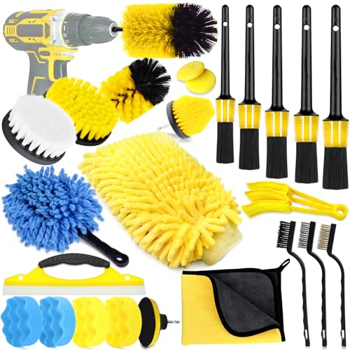 Kit Nettoyage Voiture pour L'intérieur et L'extérieur, Professionnel Kit de Brosse Nettoyage Voiture avec Pinceau Detailing Auto, pour Moteur, Évents, Roues, Tableau de Bord