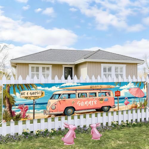 Image of 78.7 x 17.7 Inch Summer Banner Pink Retro Camper Van Beach Ocean Surfboard Flamingo Yard Decorations Seasonal Outdoor Decor Fence Sign