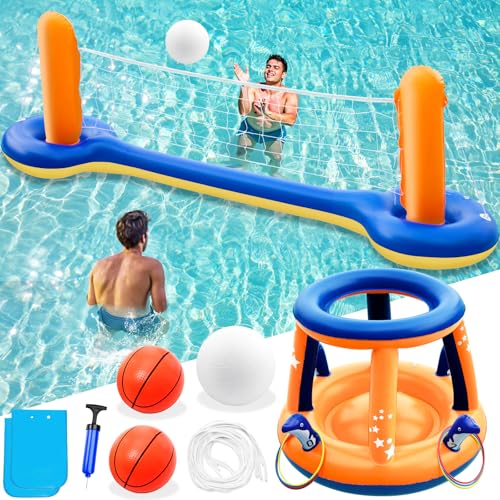 Jasonwell Ensemble de Jouets de Piscine – Set 3 en 1 Filet de Volleyball de Piscine Panier de Basketball Jeu de Lancer d'Anneaux Flotteurs Gonflables Eau...