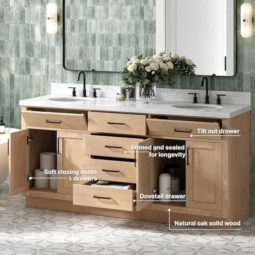 ARIEL Double Bathroom Vanity 73\" Inch Oak with Oval Sink, 1.5 inch Edge Pure White Quartz Countertop & Backsplash, 4 Soft Closing Doors, 6 Full Extension Dovetail Drawers, Matte Black