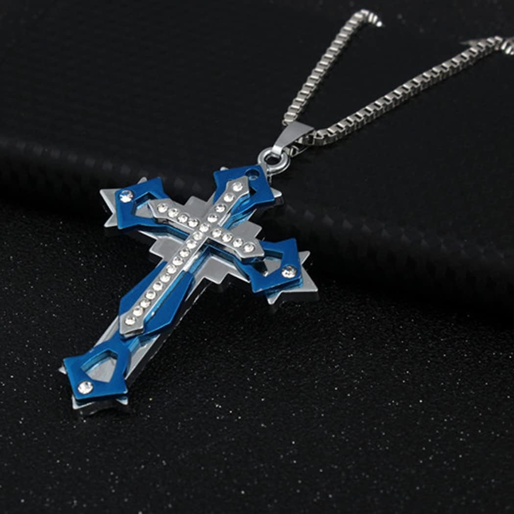 Multi Diamond Stainless Steel Cross Necklace, Large Pendant and Strong Chain For Men Women, Christian Prayer Gift Friendship Jewelry