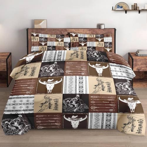 WeCozy Juego de edredón tamaño King con 2 fundas de almohada, juego de ropa de cama vintage de vaquero marrón desierto para niños y adultos, juego de edredón suave de calavera de vaca occidental para