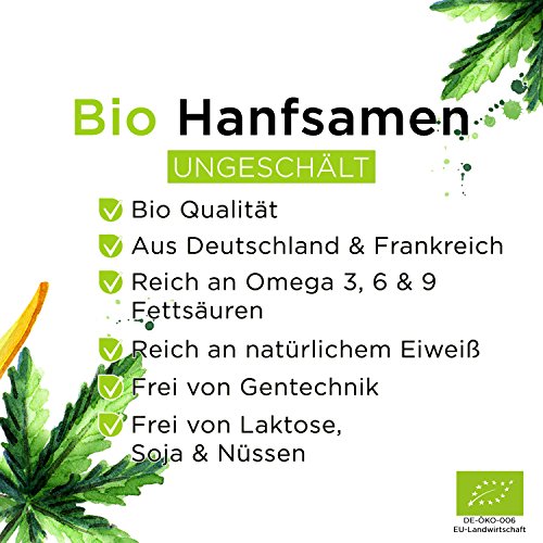 Bio Hanfsamen ungeschält 1000g, aus deutschem & französischem Bio-Anbau, reich an Omega 3, 6 & 9 Fettsäuren, reich an Eiweiß