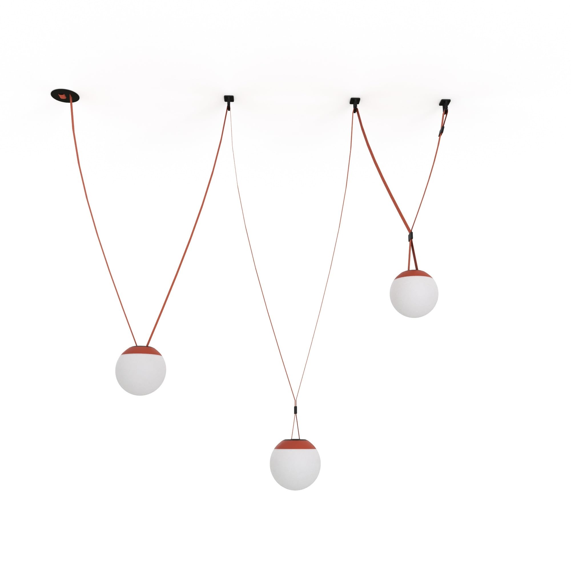 BARCELONA LED Lámpara Colgante Axia 6 – KIT 3 lámparas bola LED opal de policarbonato + cinta textil ladrillo 12m, gran lámpara suspendida, diseño minimalista industrial y arte ligero,luz cálida 2700K
