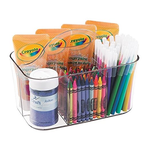 mDesign Plastic Portable Craft Storage Organizer Caddy Tote, Divided Basket Bin with Handle for Crafts, Sewing, Art Supplies - Holds Brushes, Colored Pencils - Lumiere Collection - Clear