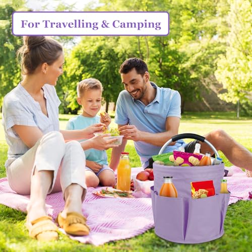 Image of 17L Purple Shower Caddy for Women, Foldable Cleaning Caddy with Handle and 6 Pockets, 600D Oxford Fabric Garden Tool Bag, Multifunctional Storage Basket for College, Dorm, Family, Purple