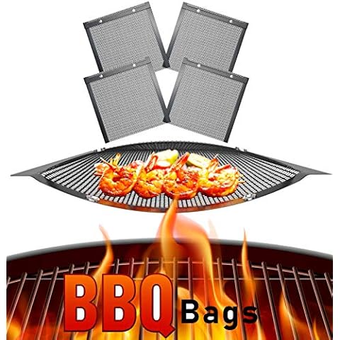 Skywin Mesh Grill Bags 11 x 9 inches - Non Stick Temperature Resistant PTFE Reusable Mesh Barbecue Pouches for Easy BBQ Grilling of Onions Peppers Vegetables Shrimp and More (4 Bags) Cover