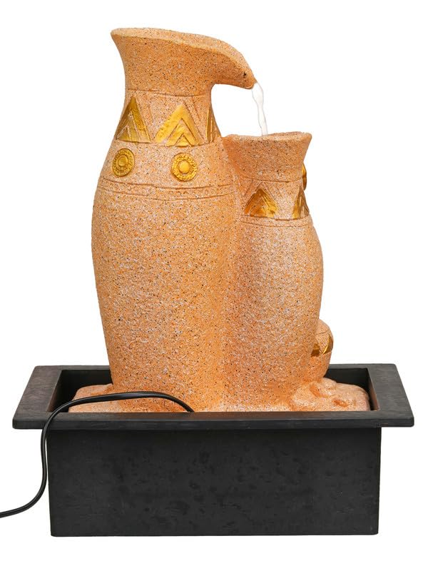 Image of Polyresin Sand & Golden Designer Table Top Jug Style Indoor 3 Steps Home Decor Water Fountain with Yellow LED Light & Water Flow Controller Pump (Size: 40 x 29.5 x 22CM | Weight: 2095grm)
