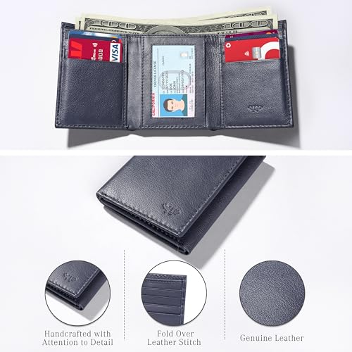 Image of Full Grain Genuine Leather Wallet for Men, Handcrafted Travel Wallet, Minimalist Slim Trifold Wallet, Anti-Theft RFID Blocking Wallet - Tri-fold - Navy