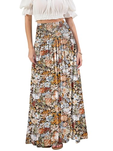 Womens Maxi Skirt High Waist Smocked Boho Flowy Print Casual Floral Long Skirts