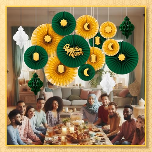 Epakh 29 Pcs Eid al Adha Decorations for Home Eid al Adha Hanging Paper Lantern Wall Ceiling Decoration Honeycomb Paper Fan Decoration Home Wedding Party Supply(Green & Gold) by Epakh - Image 4
