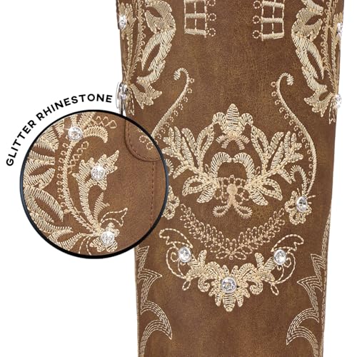 Cowboy Boots for Women - Wide Calf Knee High Cowgirl Boots, Glitter Sparkly Rhinestone Western Country Boots with Classic Embroidery, Pointed Toe Pull On Zipper Retro Boots3