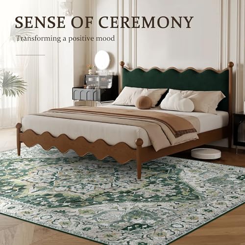 Green Boho Washable Area Rug 5x8 Vintage Rug for Living Room Bedroom Non Slip Low Pile Faux Wool Floor Carpet Farmhouse 5x8 Rug for Dining Room Office, Green/Multi