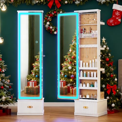 HNEBC LED Jewelry Cabinet Standing, Full Length Mirror with Storage/3 Color Adjustable LIghts, Jewelry Armoire has 3 Photo Frames/4 Shelfs/1 Drawer,Space-Saving Organizer,Gifts for Women 670