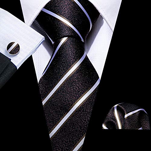 Image of Barry.Wang Tie Sets for Men Silk Stripe Necktie Woven Checkered Handkerchief Cufflinks Formal Business Wedding