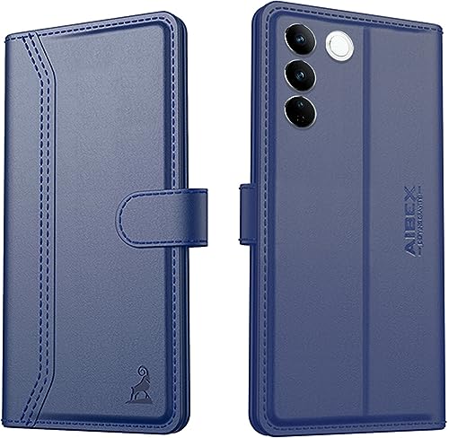 Image of AIBEX Compatible for Vivo V27 / Vivo V27 Pro Flip Cover Leather Finish | Inside TPU with Card Pockets | Wallet Stand | Complete Protection Flip Case - Blue