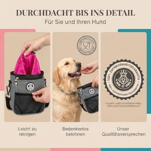 HUND IST KÖNIG Premium Leckerlibeutel für Hunde - der Alleskönner - Robuster Futterbeutel Hunde mit viel Stauraum für das Gassigehen & Hundetraining - mit Kotbeutelspender & Trainings-Ebook