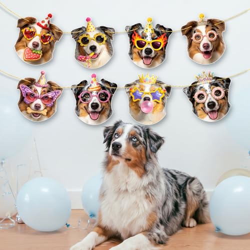 Image of Australian Shepherd Birthday Banner, Aussie Dog Party Decorations Garland | 8 Unique Aussie Faces, Pre-Strung & Ready to Hang , Perfect Photo Backdrop, Great Dog Mom Gift
