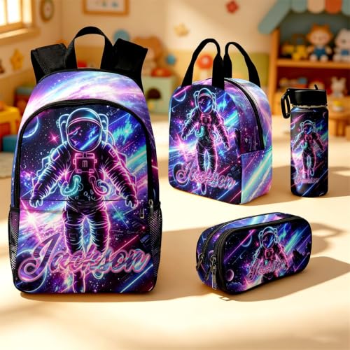Image of Custom Kids Backpack for Boys Toddler Backpacks Back to School Bookbag Set | Kid Personalized Backpack with Lunch Bag Boys Kindergarten Elementary Preschool Daypack Birthday Gifts Neon Sci-Fi Space Man