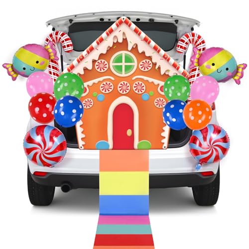 Waipfaru Candy Land Trunk or Treat Car Decorations Kit Halloween Car Decor with Giant Lollipop Balloons Candy House Banner & Rainbow Pathway Fabric for SUV Garage Door Party