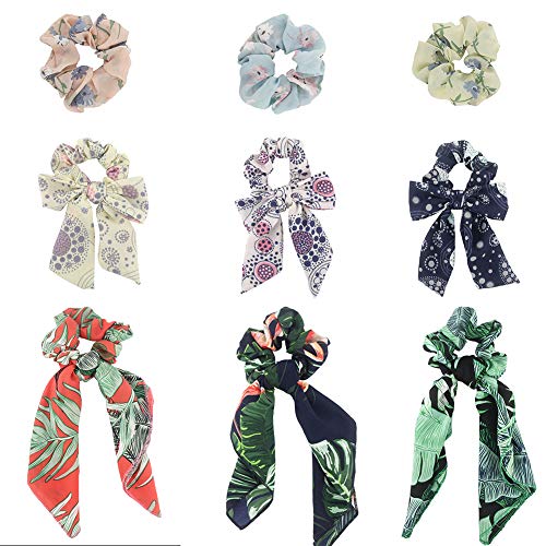 Cutewing Hair Scrunchies for Women Retro Floral Bow Hair Scarf Chiffon Scrunchy Elastic Hair Bands Ponytail Vintage Hair Accessories for Ladies Girls,Pack of 9
