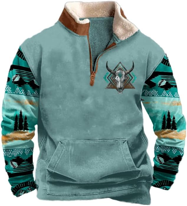 LOAIHA Hoodies for Men Aztec Jacket Long Sleeve 1/4 Zip Western Pullover Men Vintage Cowboy Sweatshirt Ethnic Country Jacket