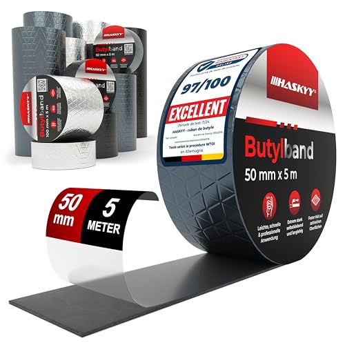 HASKYY Ruban d'étanchéité en butyle 50mm x 5m Adhésif Bande en Étanche en caoutchouc butyle en aluminium - Imperméables de Réparation - résistant au vieillissement, à la corrosion et aux UV-Anthracite