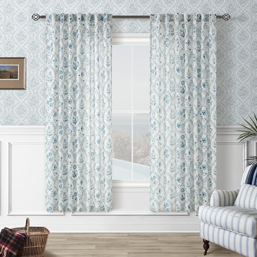 Image of Blue Floral Linen Patterned Semi Sheer Curtains 72 Inch Length 2 Panels Set | Light Filtering, Back Tab, Rod Pocket, Modern, Farmhouse, Boho, Cottage Core, , Living Room Bedroom, 72 Inches Long
