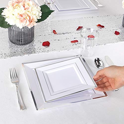 Wdf 125Pcs Silver Plastic Plates With Disposable Plastic Silverware-Silver Rim Square Plastic Dinnerware Include 25 Dinner Plates,25 Salad Plates,25 Forks, 25 Knives, 25 Spoons #TOP2
