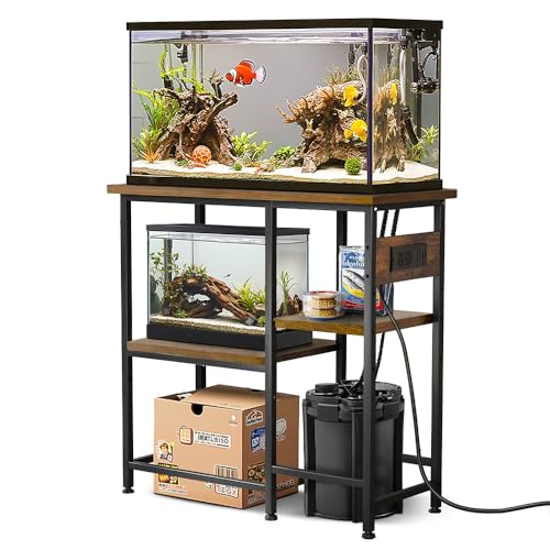 20-29-37 Gallon Fish Tank Stand with Power Outlet, Metal Aquarium Stand with Height-Adjustable Stoarge Shelves, 6-Leg Reptile Tank Stand, 400lbs Capacity