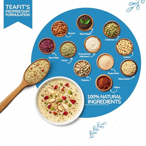 Image of TeaFit Zero Sugar High Protein Thandai Powder 200g - 18 Servings | Traditional 16 Ingredient Nuts, Seeds & Spice Blend | Ingredient Dense Summer Cooler | Add to Milk | No Artificial Flavors & Chemicals