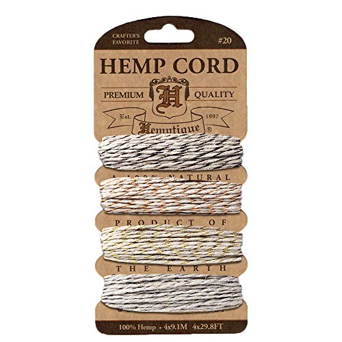 Hemptique Hemp Cord 4 Color Cards - Made with Love - Crafter’s No. 1 Choice – Eco Friendly – Plant Hanger - Scrapbooking – Gardening – Macramé – Home Décor (Metallic Vintage Pack)